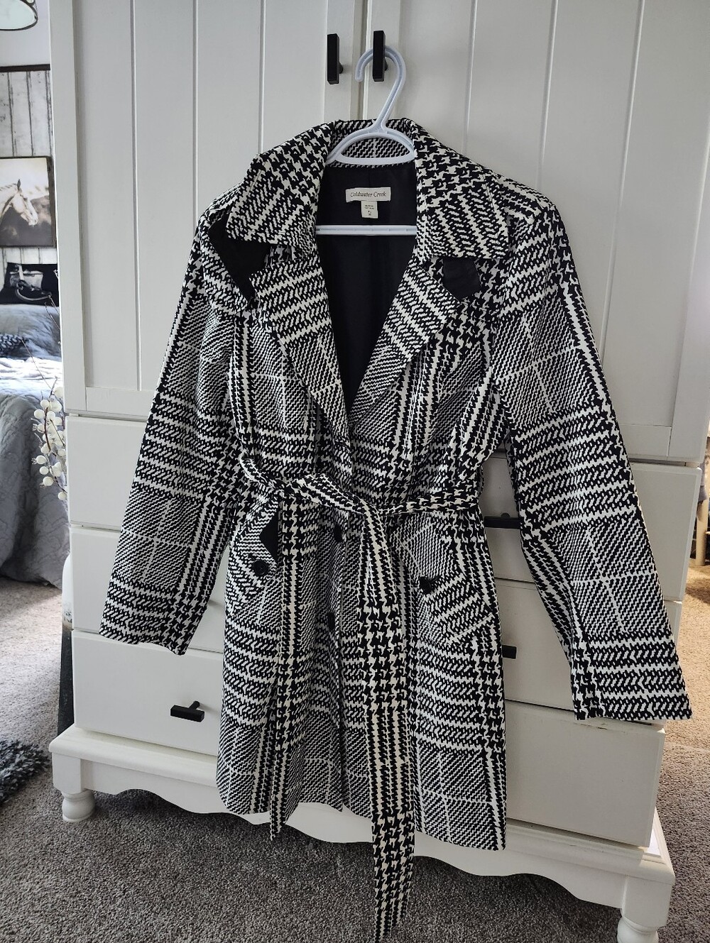 Chelsea & Violet Black and White Plaid Trench Coat with Belt Sz L
